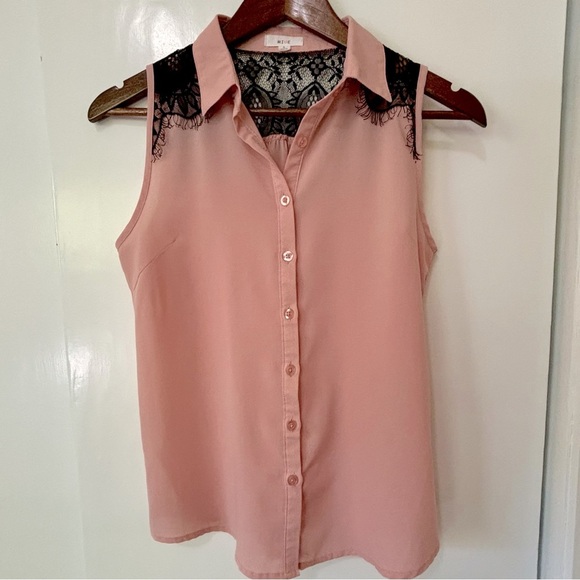 Mine| Pretty Pink Lightweight Sleeveless Blouse w/Black Lace Panels Sz S - Picture 3 of 5